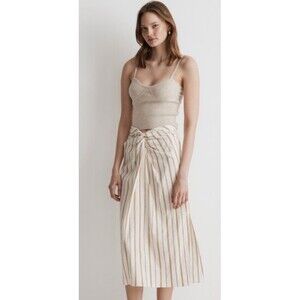 Madewell Size 6 Linen Blend Slit Midi Skirt Twist-Front Sarong Stripe Side Slit
